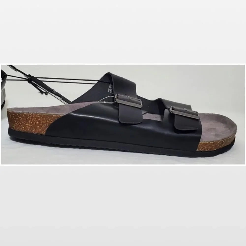 New Falls Creek Shoes Men Sandals Black Buckle Slip On Cork Slides NWT